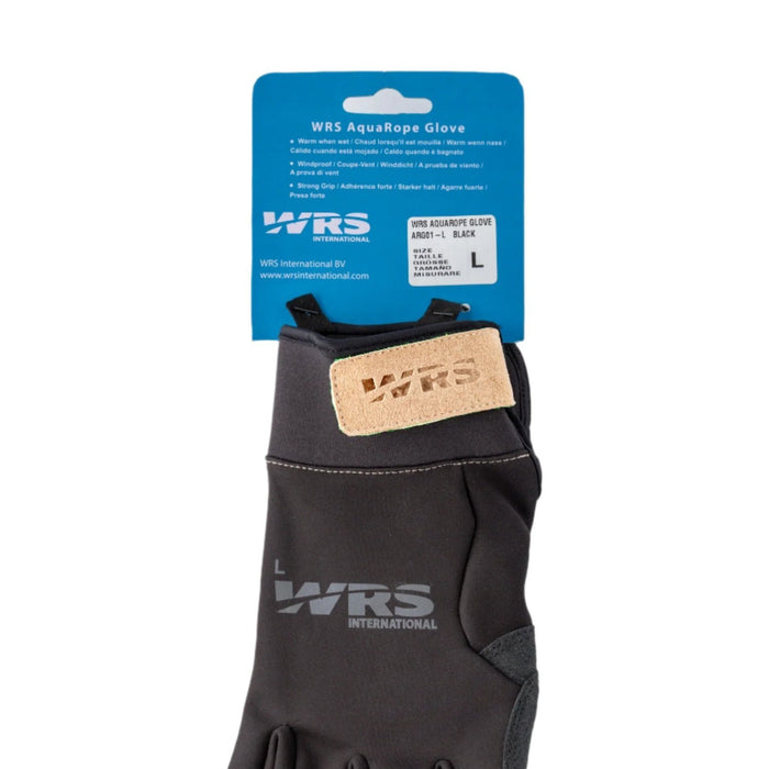 WRS Aquarope Gloves attached to back of retail packaging. A blue logo card, with features of WRS Aquarope Glove and euro hook, Gloves show reflective logo and size