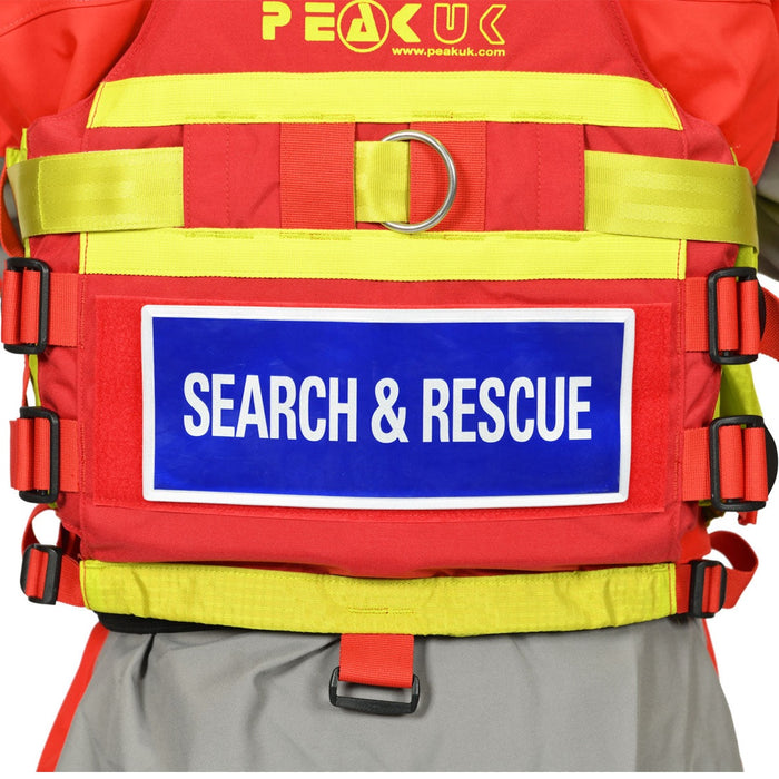 Back of WRS Rescue Wrap PFD with Search & Rescue Badge attached 