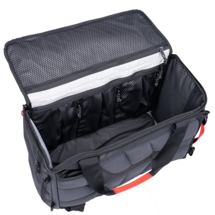 CMC Lotus Tech Back Pack unzipped and open from the top showing inside of the bag with mesh compartments for organised storage