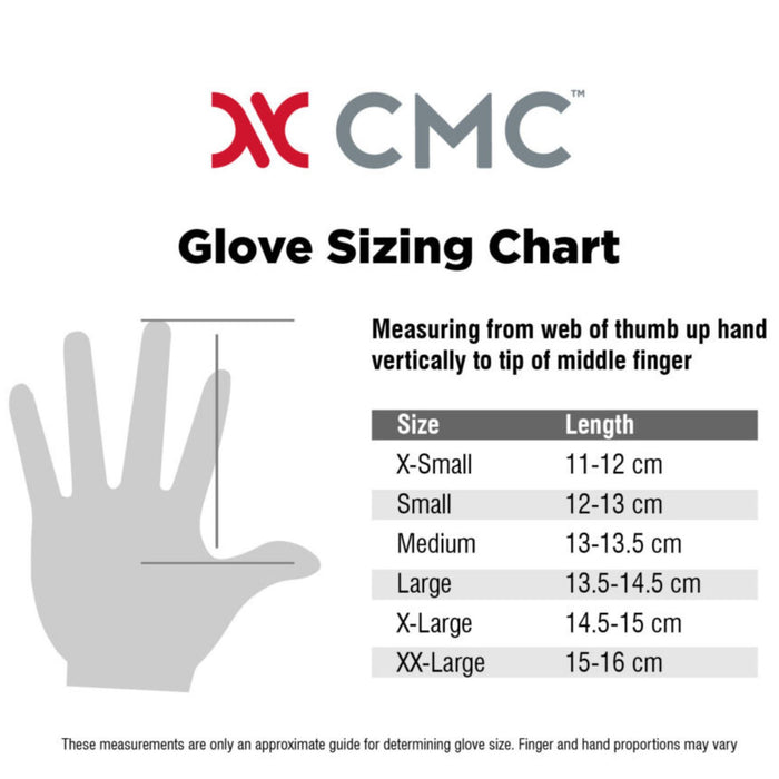 CMC Rappel Riggers Gloves Sizing Chart for x-small, small, medium, large, XL, and XLL 