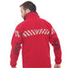 Male model wearing Courant Ark Softshell Jacket in Red show the back of the jacket 