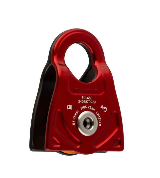 Red DMM Compact Propel Pulley featuring sealed ball bearings, extended side plates, and prusik-tending tabs for efficient lightweight hauling and rigging tasks