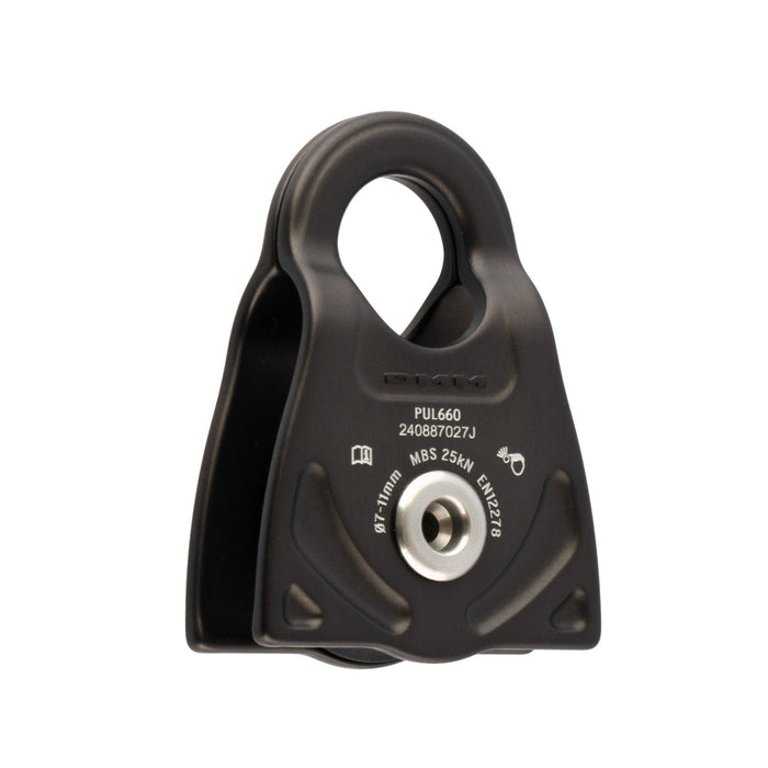 Matt Grey DMM Compact Propel Pulley featuring sealed ball bearings, extended side plates, and prusik-tending tabs for efficient lightweight hauling and rigging tasks