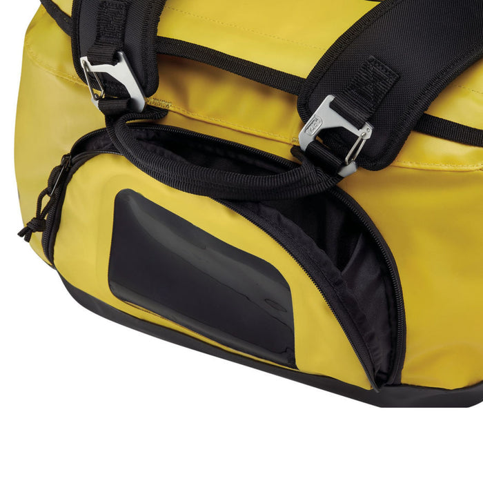 Yellow Petzl Duffel Bag Large Side Pocket with zipper closure to separate helmet, shoes, or other objects from the rest of the equipment.