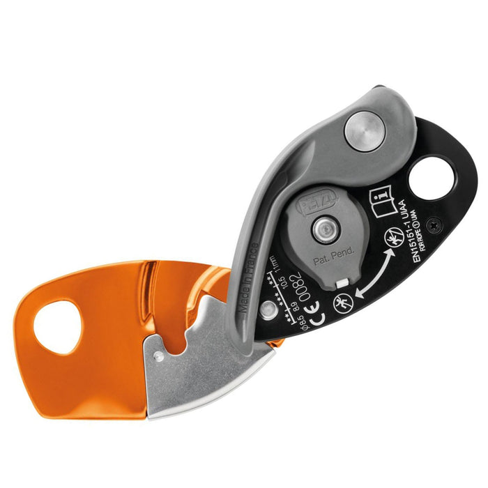 Durable Orange Petzl Grigri+ Belay Device. Stainless steel wear plate provides great durability for intensive use.