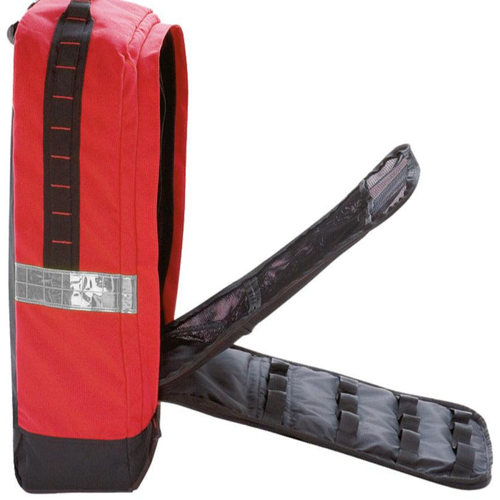 Side open view of Edelrid PPE 45 litre backpack in Red and black with reflective stripe on the sides, open view showing storage options 