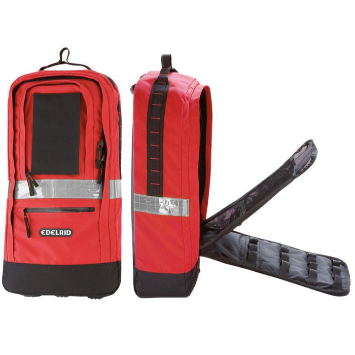 Front side and side open view of Edelrid PPE 45 litre backpack in Red and black with reflective stripe on the front and sides 