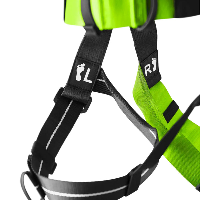 Close up of the Left and Right Leg Loops and Labels.  Green loop for Right leg and Black Loop for left leg on the  Edelrid Radialis Comp Full Body Harness 