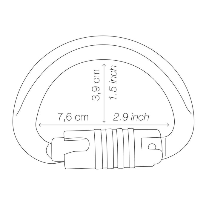 Line drawing view of Petzl Omni Semi Circle Triact Lock Carabiner showing inside length 7.6cm and inside width 3.9cm 