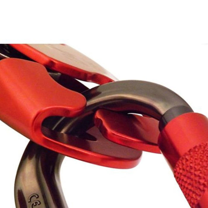 Close-up view of the ISC D4 Rescue Descender's carabiner connection point, showcasing its robust construction and smooth rope compatibility for work and rescue.