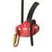 ISC D5 Work/Rescue Descender in red with attached rope and carabiner, showcasing its robust design and compatibility with 12.5mm (1/2") ropes