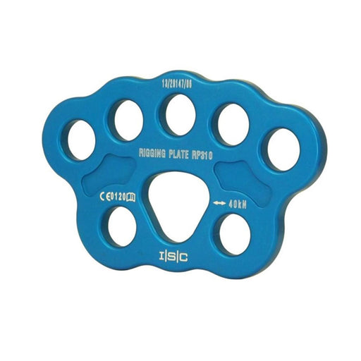 Blue ISC medium rigging plate with multiple attachment points, ideal for versatile rigging setups in various rescue and work scenarios.