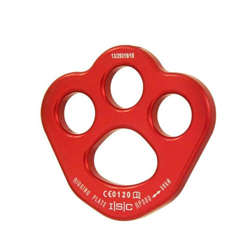 Red ISC small rigging plate showcasing a compact design with multiple attachment points, perfect for lightweight rigging and restricted spaces.