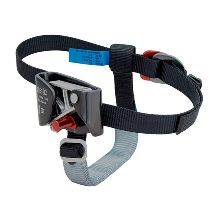 ISC Stryder left Foot Ascender with adjustable straps, stainless steel cam, and compact design, providing secure and efficient rope climbing performance