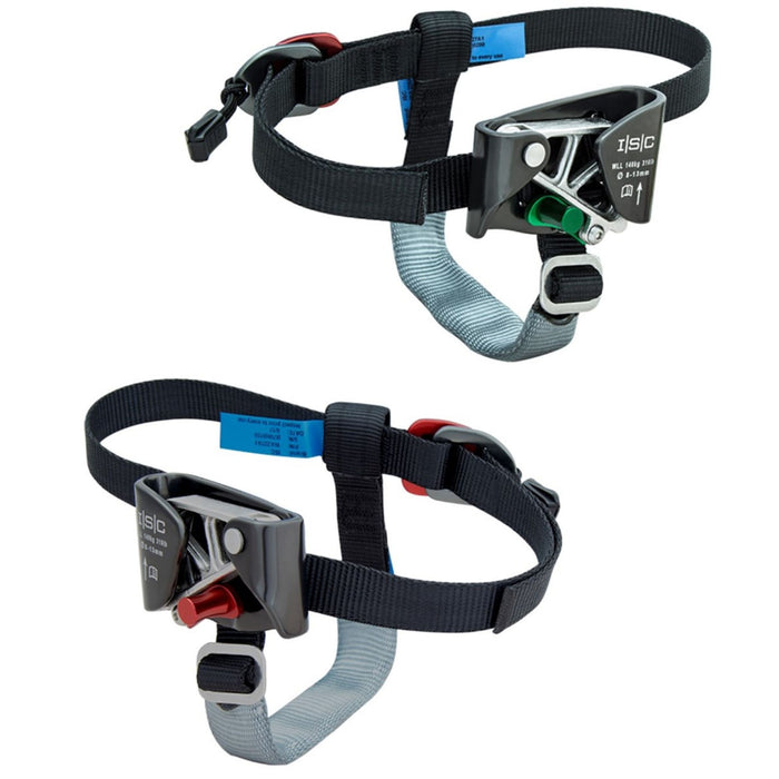 ISC Stryder Left and Right Foot Ascenders in black with adjustable straps and stainless steel cams, displayed from different angles for climbing and rope access applications.