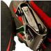 Close-up view of the ISC Stryder Right Foot Ascender secured on a red climbing boot, highlighting its stainless steel cam and durable construction for reliable rope ascents