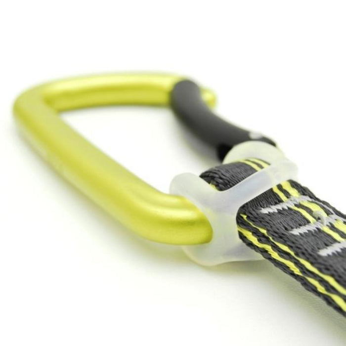 Close-up of a yellow carabiner, branded with "Kong", attached to a dark gray strap with white and yellow stitching. The strap is secured with a transparent rubber loop.