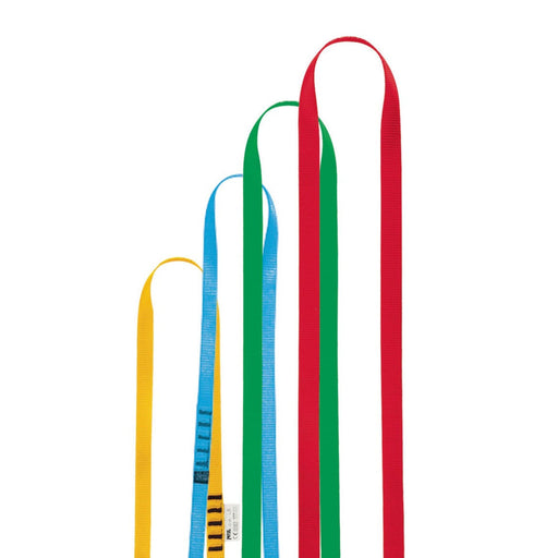 Petzl Anneau Sewn Slings is an open loop sling available in four lengths, colour-coded for easy identification of length seen here in yellow, blue, green and red colourways 