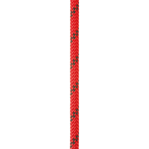 Close up of red Petzl Axis 11 mm low stretch kernmantel rope, designed for work at height