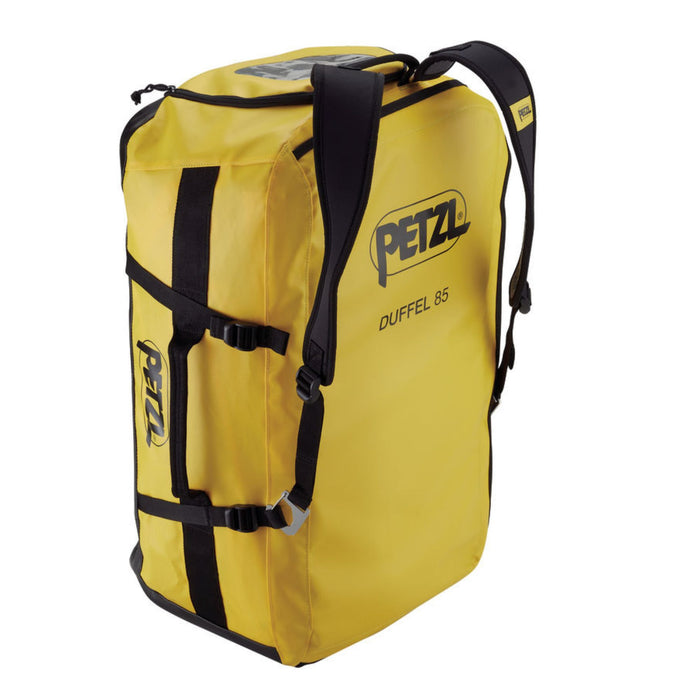 Yellow Petzl Duffel Bag Size 65 Litre showing padded, adjustable back and shoulder straps for comfortable carrying.