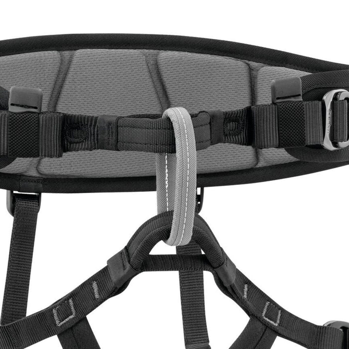 
Petzl Falcon Mountain Rescue Harness close up showing Ventral attachment point with textile bridge favours progression with climbing techniques and makes for comfortable walking.