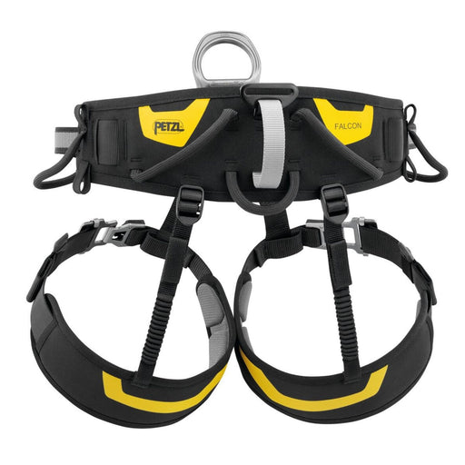 Back view of Black and Yellow Petzl Falcon lightweight and comfortable seat harness for suspended rescue