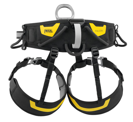 Back view of Black and Yellow Petzl Falcon lightweight and comfortable seat harness for suspended rescue