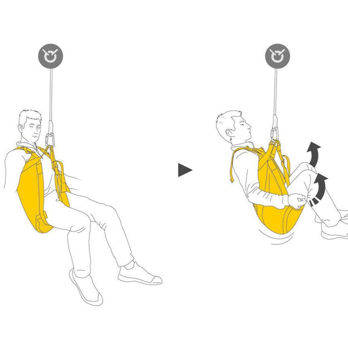 Petzl Pitagor evacuation triangle harness comfort handles allow the evacuee to correctly sit in the triangle illustrated