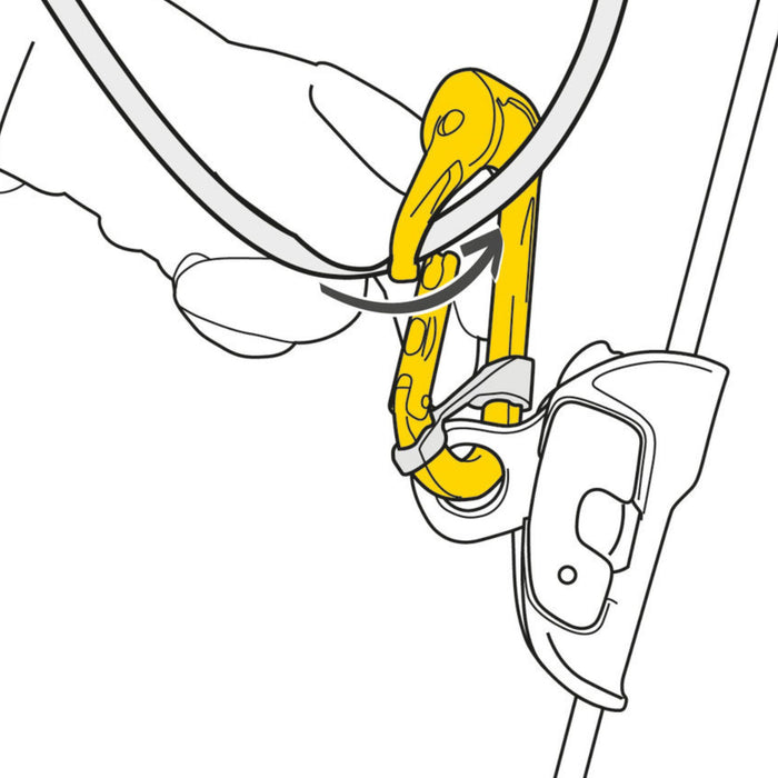 Petzl Roll Clip A Non-Locking Pulley Carabiner, showing The ROLLCLIP A pulley can be used as a directional point when combined with the RESCUCENDER rope clamp.