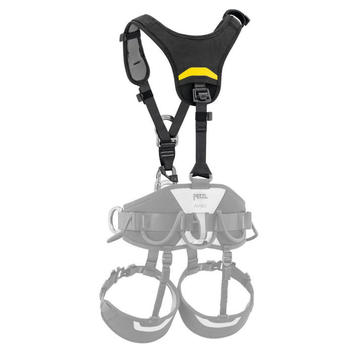 Back of Black and Yellow Petzl Top Chest Harness attached to Petzl Avao Seat Harness 