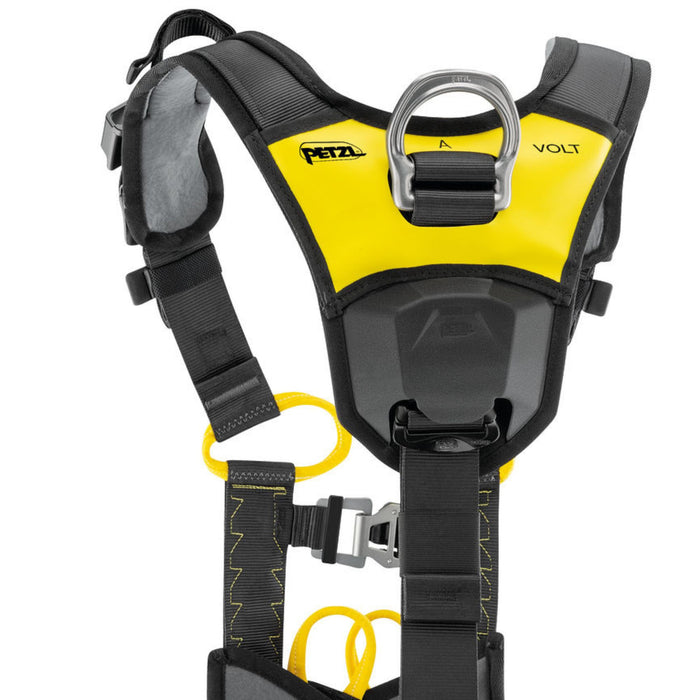 Close up feature of the Petzl Volt Wind (European Version) Harness  dorsal wear protectors, to reduce wear on the straps when moving about inside a wind turbine tower.