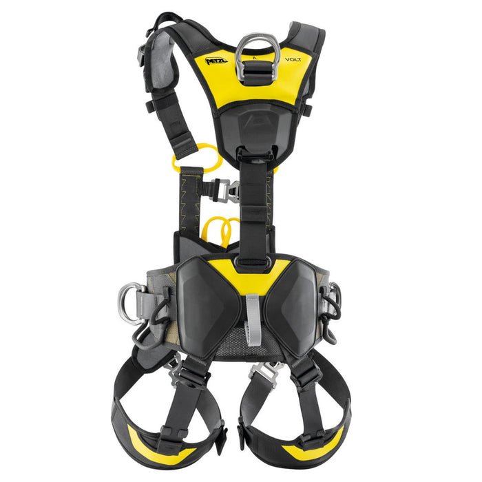 Rear view of Petzl VOLT® WIND European Version Fall-arrest and work positioning harness for the wind power industry with attachment point for vertical progression on rail or cable-based fall protection system