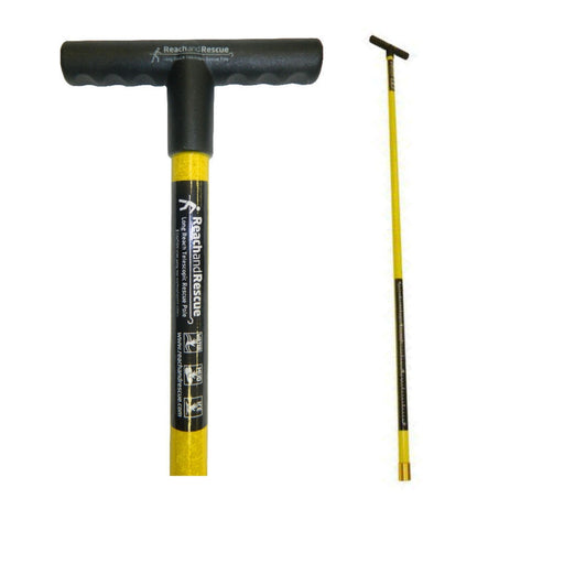 Detailed view of the Reach and Rescue Wading Pole, highlighting its sturdy yellow shaft, ergonomic T-handle, and instructional labels for efficient use.