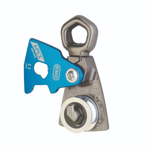 SMC Apex 1.1 Swivel Pulley with blue side plate open, showing the triple-action lock mechanism and pulley wheel for secure mid-line rope attachment.