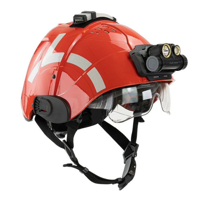 WRS Technical Rescue Helmet in Red with light attachment on the front of the helmet and on top