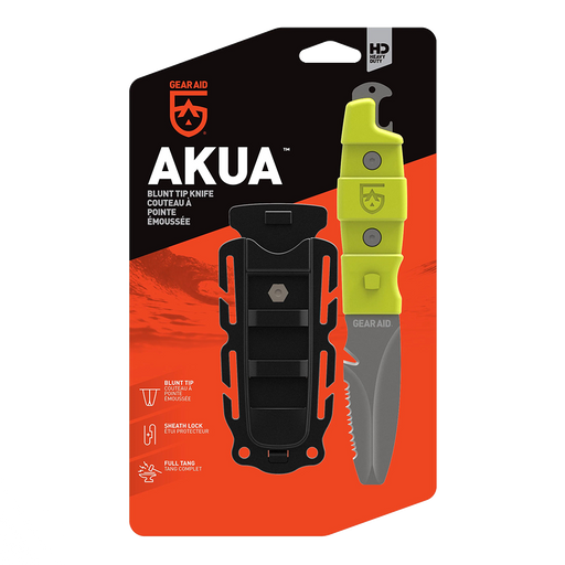 Gear Aid Akua Knife with green handle  in retail packaging with euro hook 