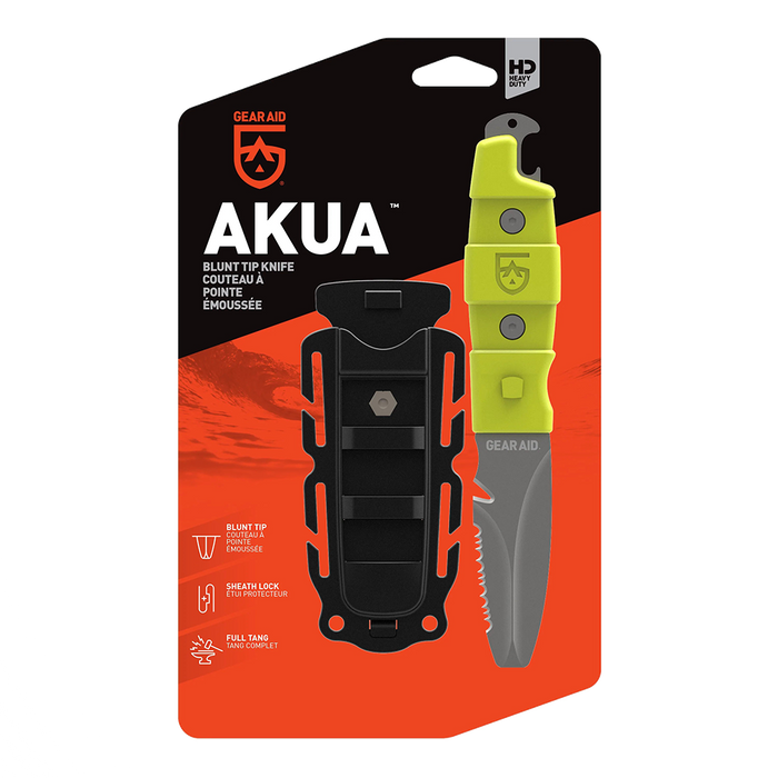 Gear Aid Akua Knife with green handle  in retail packaging with euro hook 