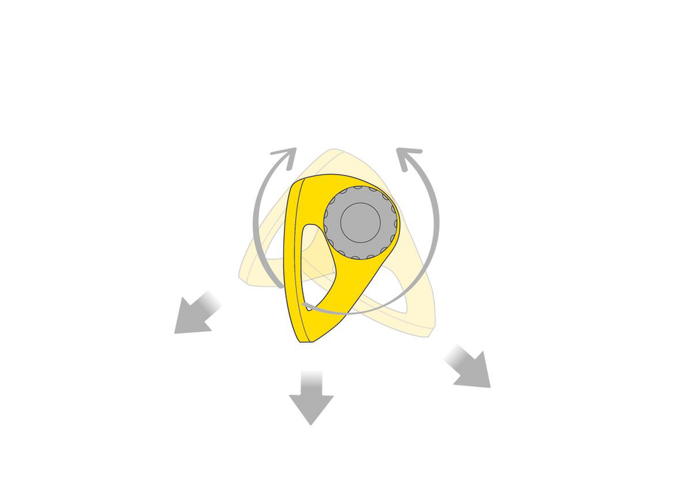 Illustration showing the Petzl COEUR hanger can rotate once installed and when laterally loaded during use, allowing it to better align with the systems in place.